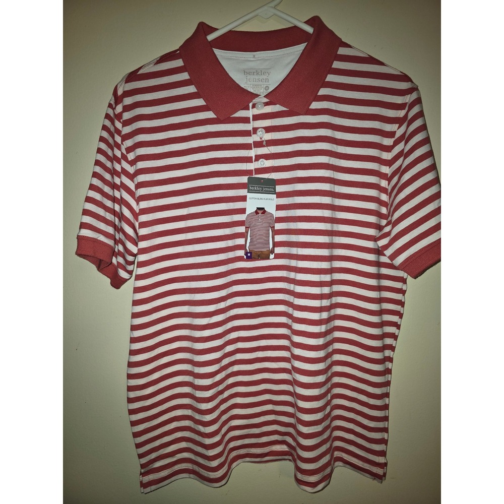 Berkley Jensen Mens Striped Cotton Blend Flex Polo Shirt Red White Medium NWT